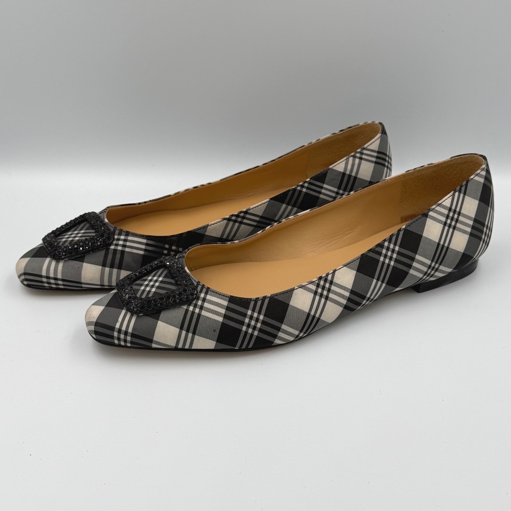 Talbots Plaid Ballet Flats Black Ivory Square Toe Rhinestone Buckle 9.5M Preppy